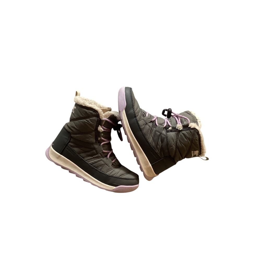 Sorel Kids Gray Puffer Winter Snow Boots Lilac Laces‎ Fur Lined Size 1